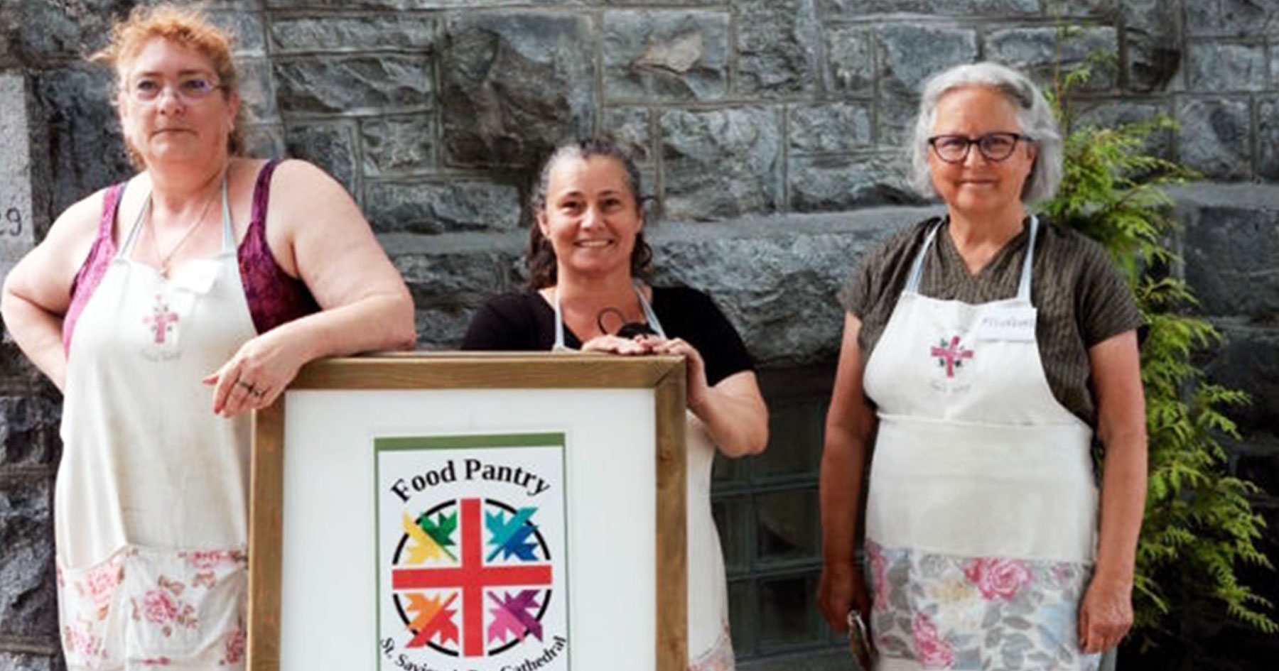 At the St Saviour’s Anglican Food Pantry, (L-R) volunteer food bank manager Nora Nitz with volunteers Cindy Gimness and Susan Warren. Photograph: Bill Metcalfe