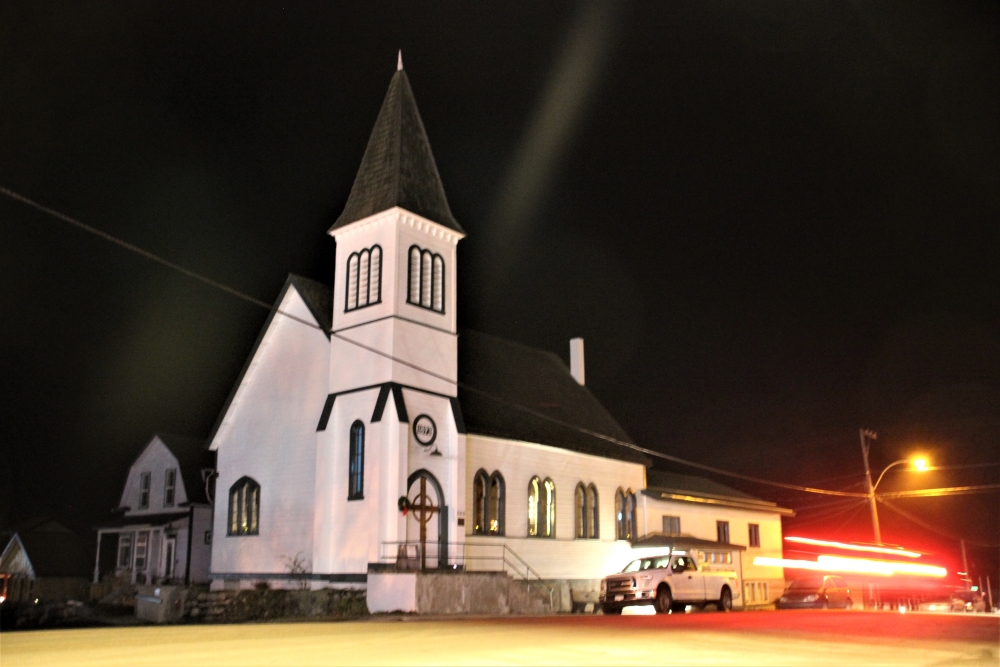 St Andrew’s United Church, Kaslo at night